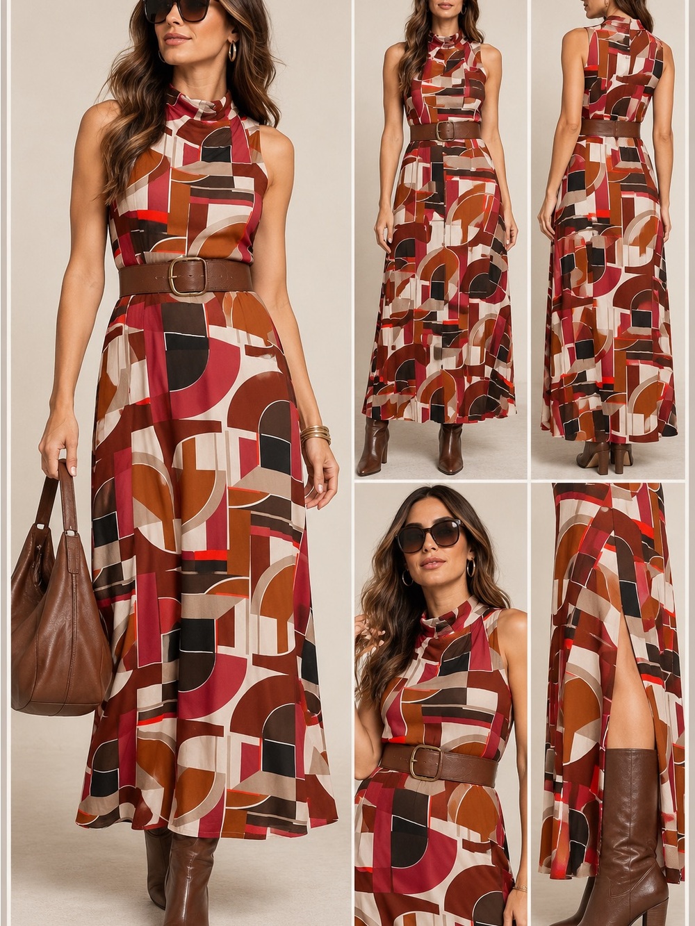 Trina Turk Sleeveless Geometric Print Maxi Dress in Brown & Red